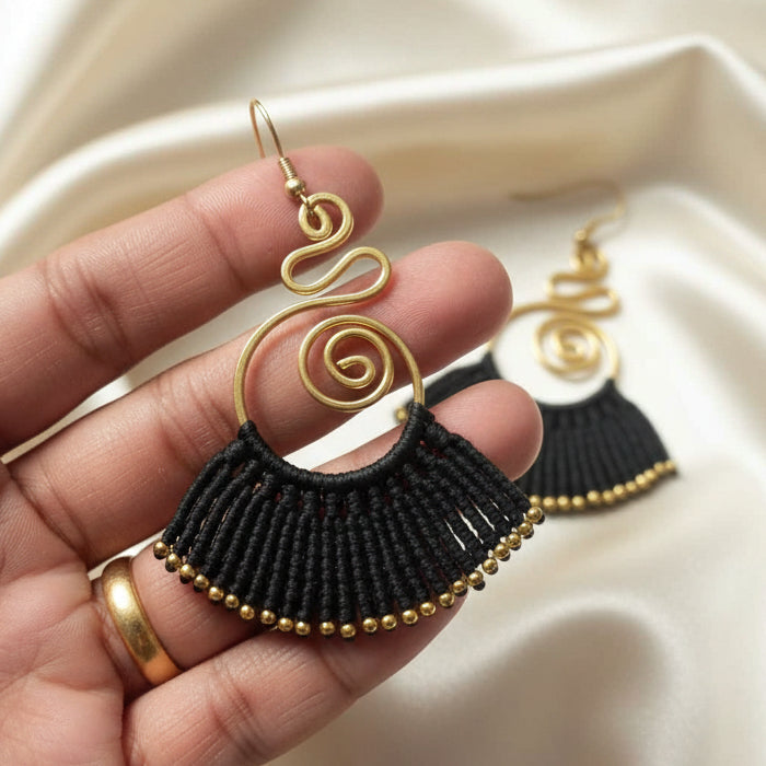 brass earrings macrame earrings black earrings party wear earrings gold earrings