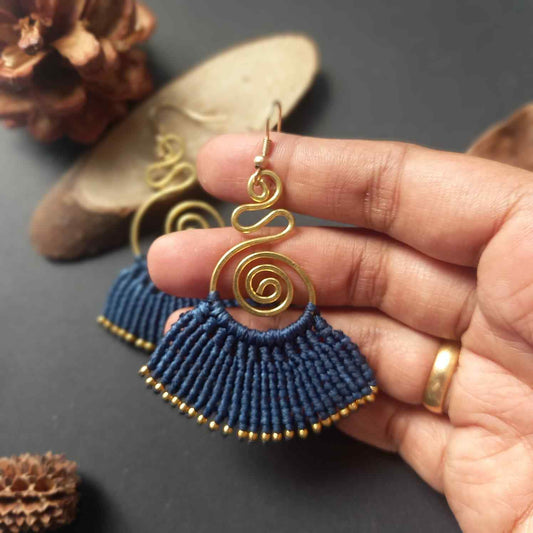 brass earrings macrame earrings navy blue earrings party wear earrings gold earrings