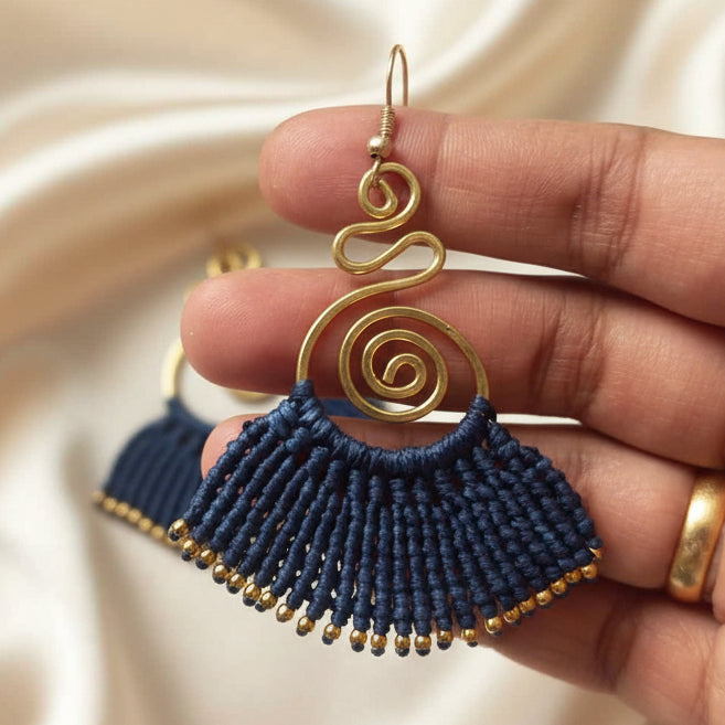 brass earrings macrame earrings navy blue earrings party wear earrings gold earrings
