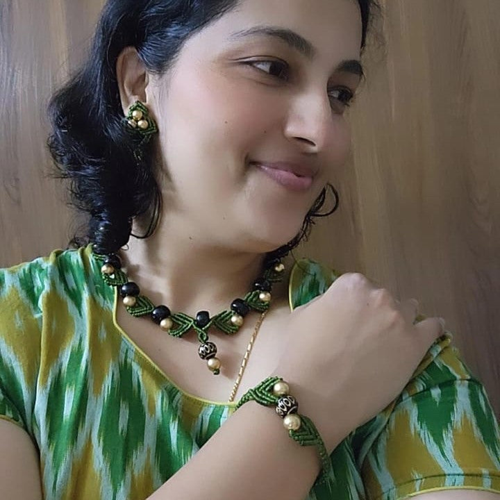 macrame necklace green necklace gold bead necklace black bead necklace stud earrings dangler bead bracelet necklace set