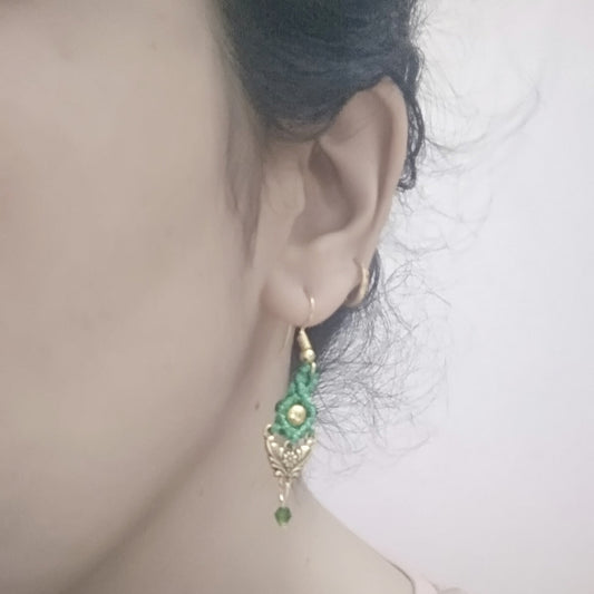 small macrame dangler earrings with dual leaf charm and crystal bead drop