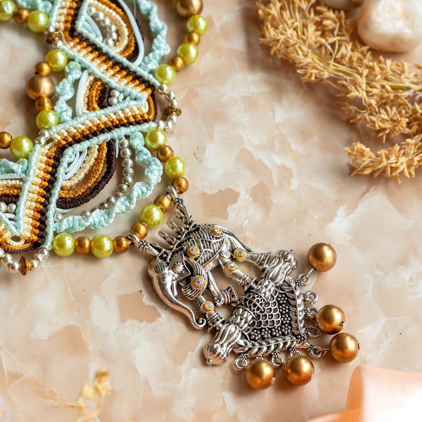 macrame statement zigzag design bead necklace earrings set