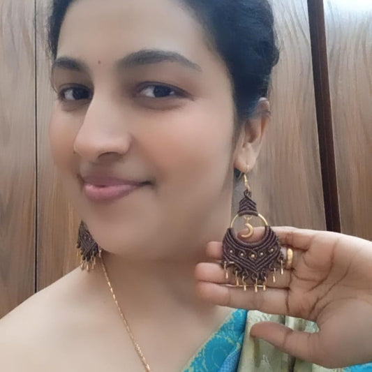 brass bead earrings moon charm earrings macrame party wear earrings statement earrings gold earrings