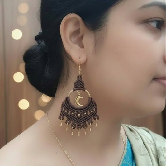 brass bead earrings moon charm earrings macrame party wear earrings statement earrings gold earrings