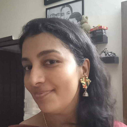 bead macrame pentagon shaped stud earrings with triangle jhumkis