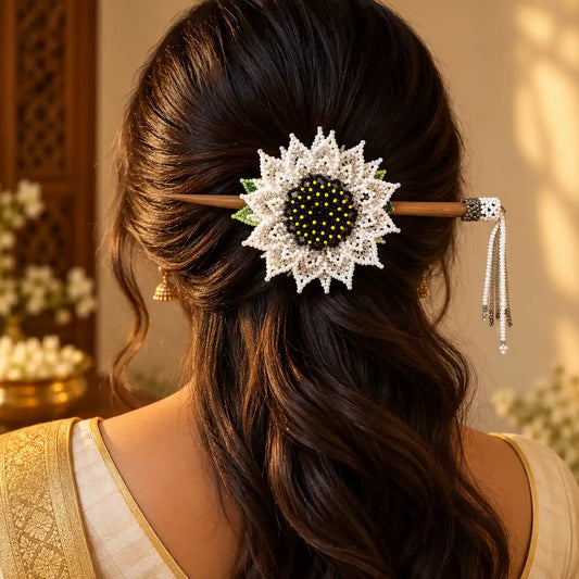 Murali White Bead Floral Hair Clip