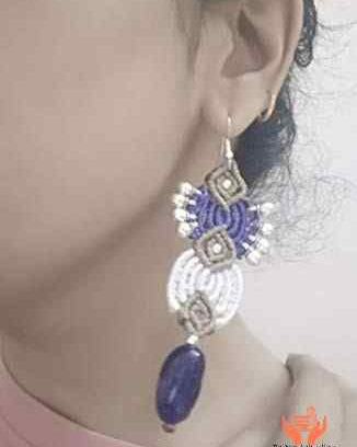 macrame long tribal style earrings with silver beads and gunghroos and glass beads