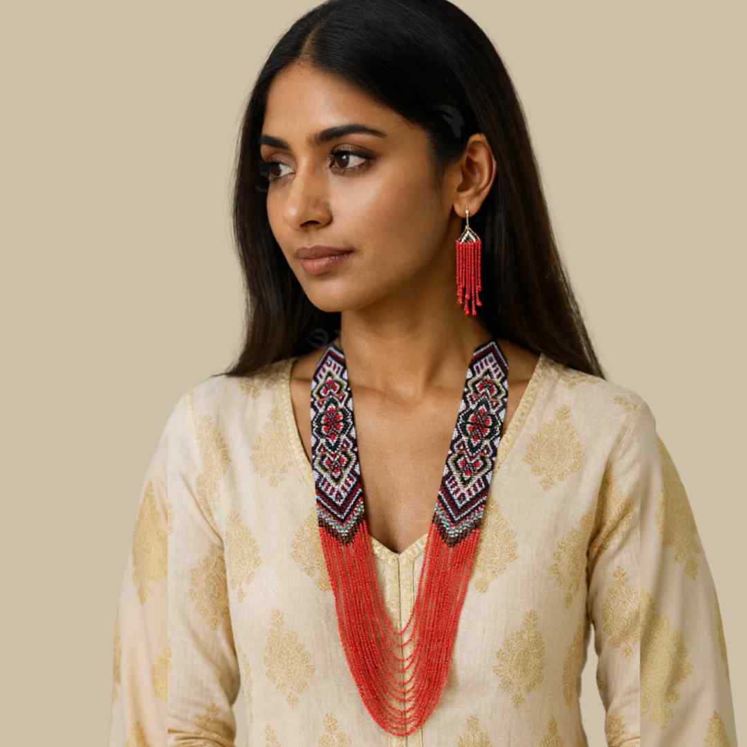 geometric design bead necklace coral red layered necklace dangler party wear occasion wedding mehndi sangeet haldi jewellery