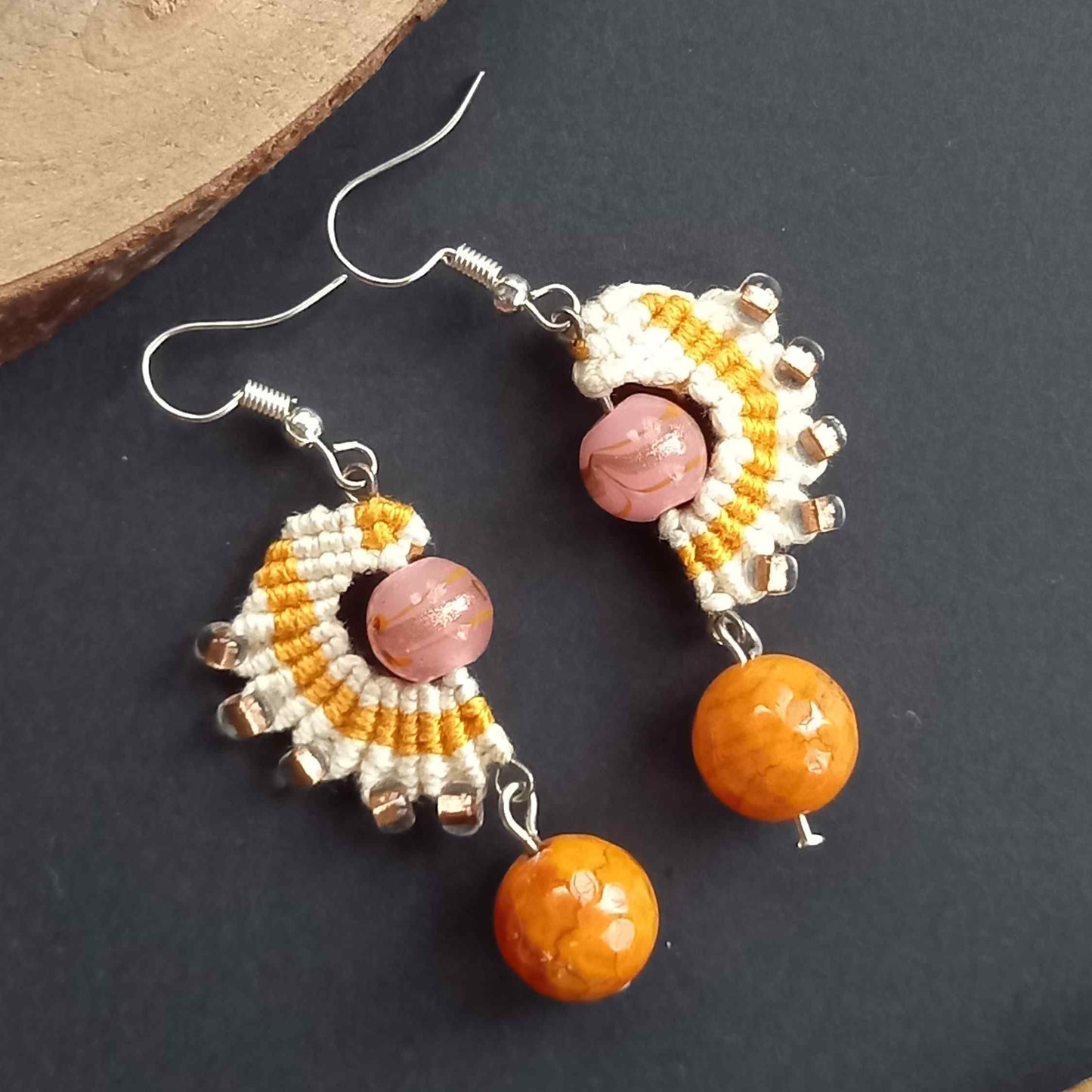 micromacrame bead earrings in cream and orange