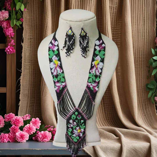 black purple hibiscus floral necklace layered bead necklace for party dangler earrings for office wear haldi wedding wear necklace set