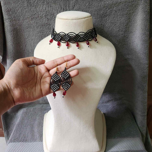 party wear choker black necklace set bracelet earrings black red white jewellery set office wear jewellery lightweight metal free skin friendly wedding wear 