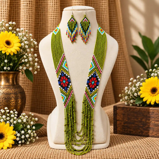 Abja green beadloom necklace and earring set