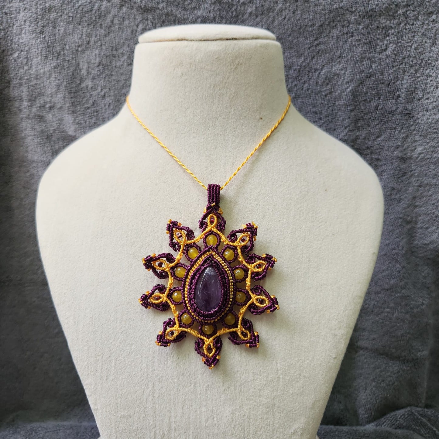 amethyst necklace pendant necklace macrame purple yellow statement jewellery dailywear necklace 