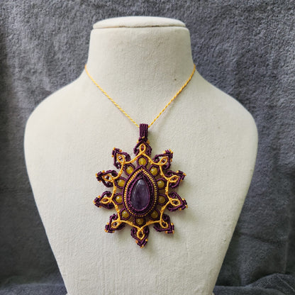 amethyst necklace pendant necklace macrame purple yellow statement jewellery dailywear necklace 