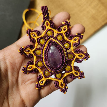 amethyst necklace pendant necklace macrame purple yellow statement jewellery dailywear necklace 
