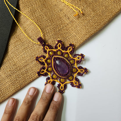 amethyst necklace pendant necklace macrame purple yellow statement jewellery dailywear necklace 