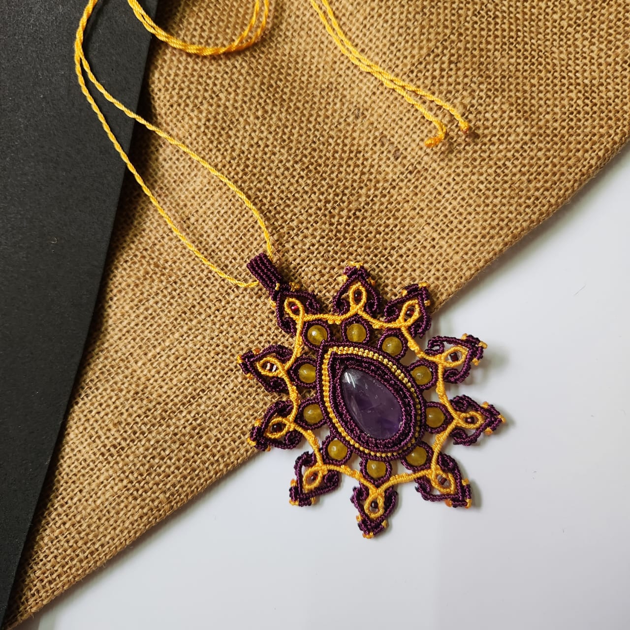 amethyst necklace pendant necklace macrame purple yellow statement jewellery dailywear necklace 