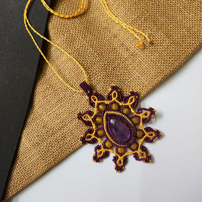 amethyst necklace pendant necklace macrame purple yellow statement jewellery dailywear necklace 