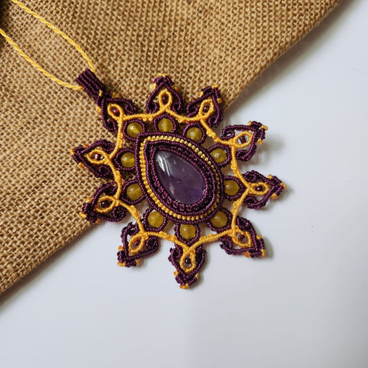amethyst necklace pendant necklace macrame purple yellow statement jewellery dailywear necklace 