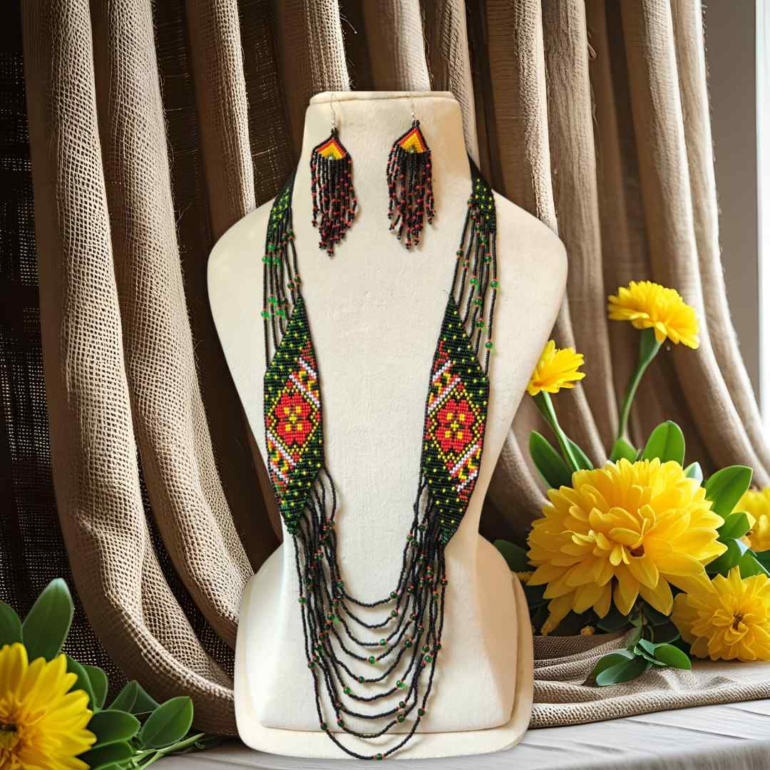 red black bead necklace geometric design jewellery dangler earrings partywear necklace set for office and  daily wear 