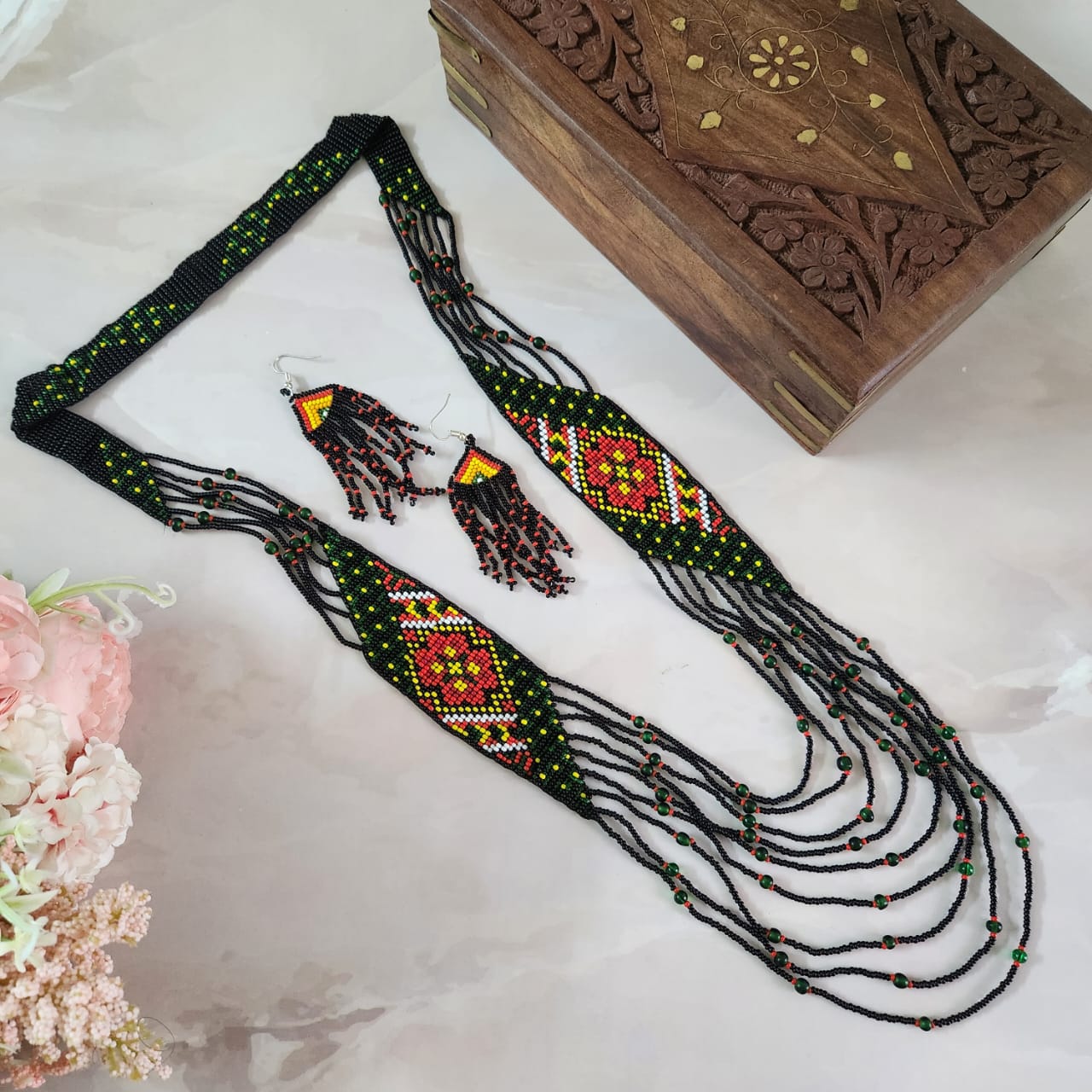 red black bead necklace geometric design jewellery dangler earrings partywear necklace set for office and  daily wear 