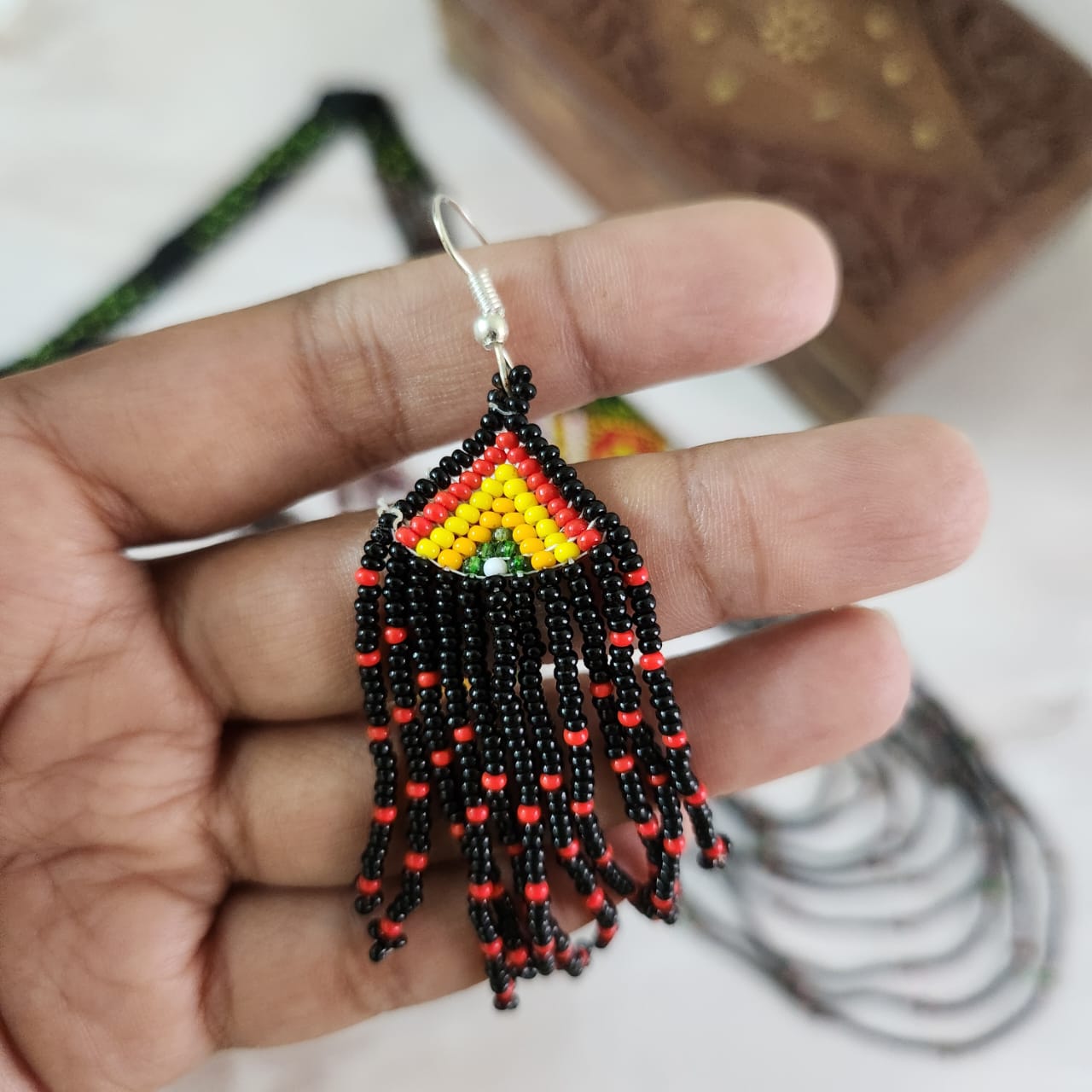 red black bead necklace geometric design jewellery dangler earrings partywear necklace set for office and  daily wear 