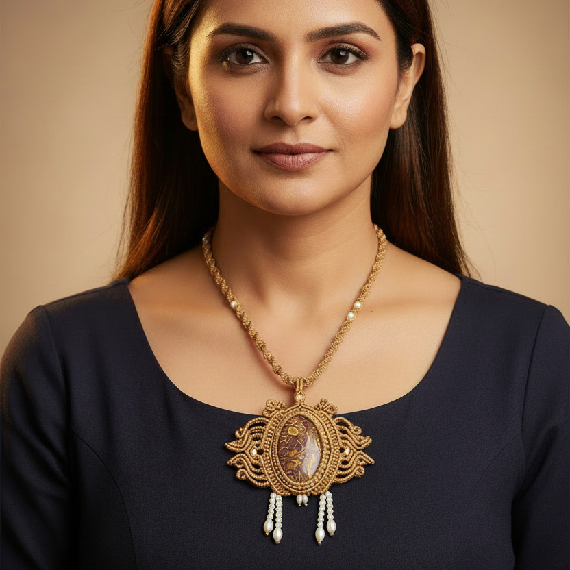 antique gold pendant stone jewellery party wear necklace formal wear jewellery for office work wedding jewellery gift for mom her pearl and stone necklace