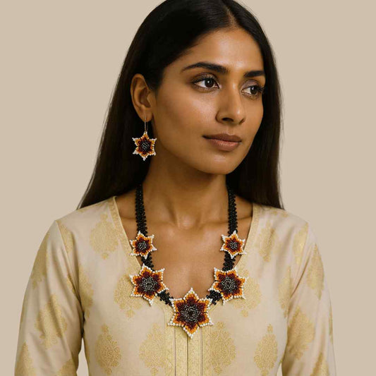 model wearing party wear necklace floral bead necklace set flower earrings sangeet wedding mehndi shaadi