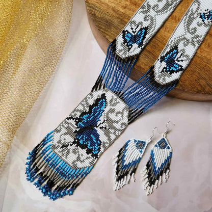 blue butterfly bead necklace set layered necklace butterfly pattern native american design necklace for office wear party wear wedding haldi mehndi sangeet jewellery