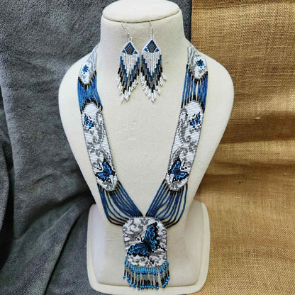 blue butterfly bead necklace set layered necklace butterfly pattern native american design necklace for office wear party wear wedding haldi mehndi sangeet jewellery