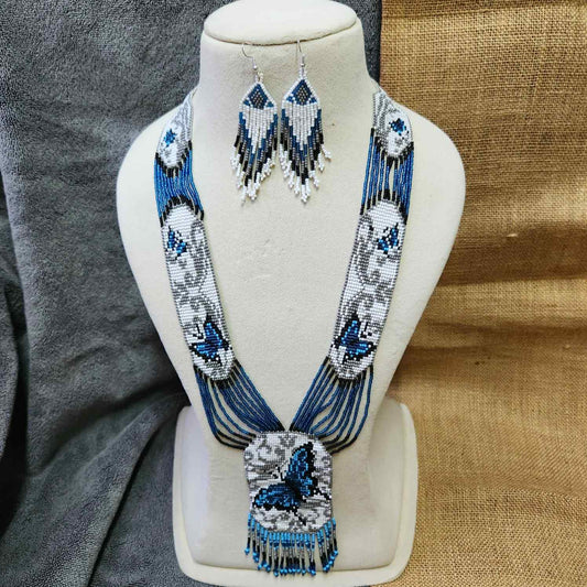 blue butterfly bead necklace set layered necklace butterfly pattern native american design necklace for office wear party wear wedding haldi mehndi sangeet jewellery