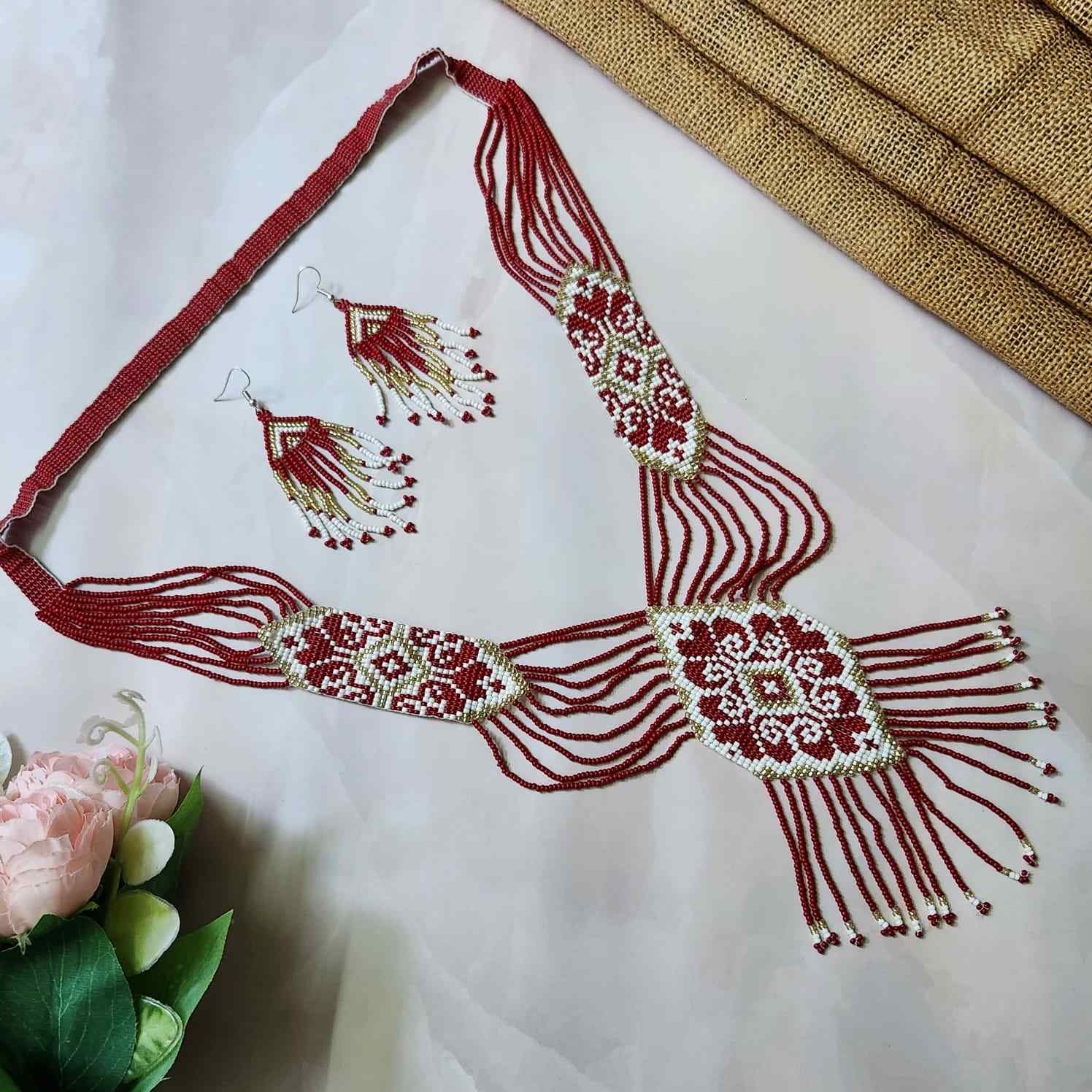 dark pink geometric necklace layered bead necklace for party dangler earrings for office wear haldi wedding wear necklace set