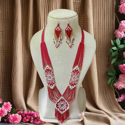 dark pink geometric necklace layered bead necklace for party dangler earrings for office wear haldi wedding wear necklace set