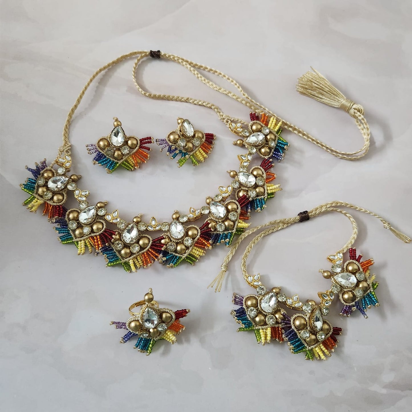 Champa rainbow white stone macrame necklace set