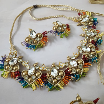 Champa rainbow white stone macrame necklace set