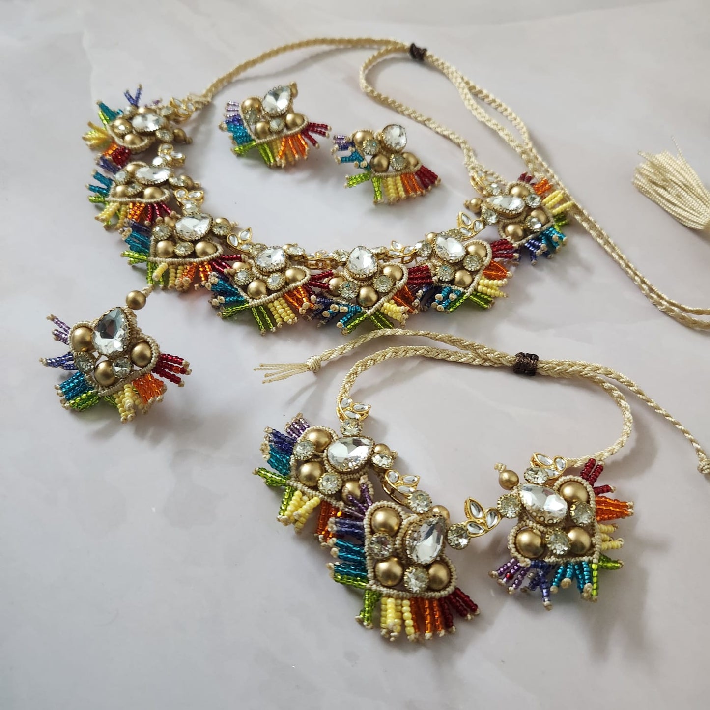 Champa rainbow white stone macrame necklace set