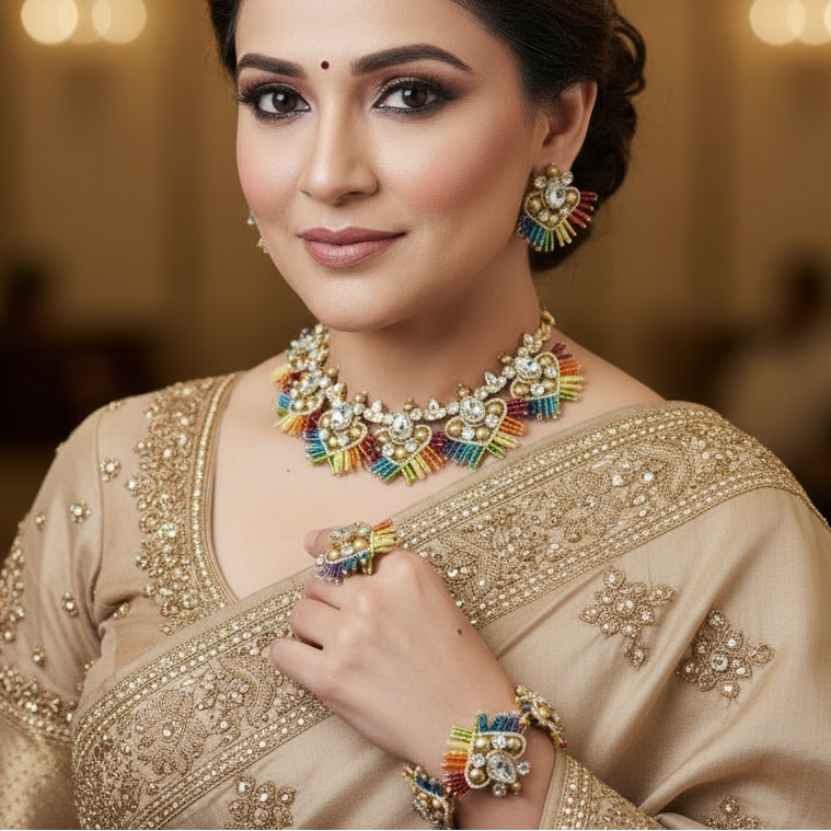 artisanal necklace macrame jewellery rainbow kundan necklace bridal jewellery sangeet reception mehendi 