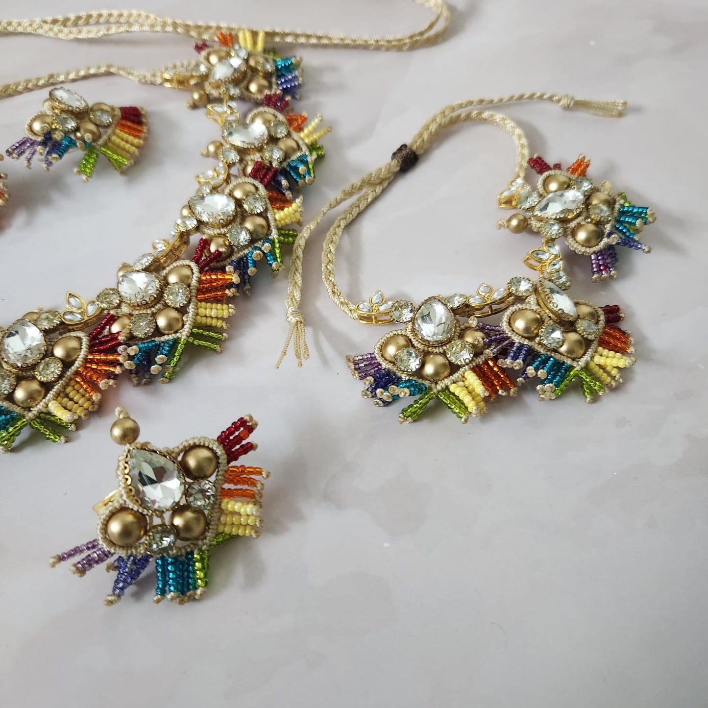 Champa rainbow white stone macrame necklace set