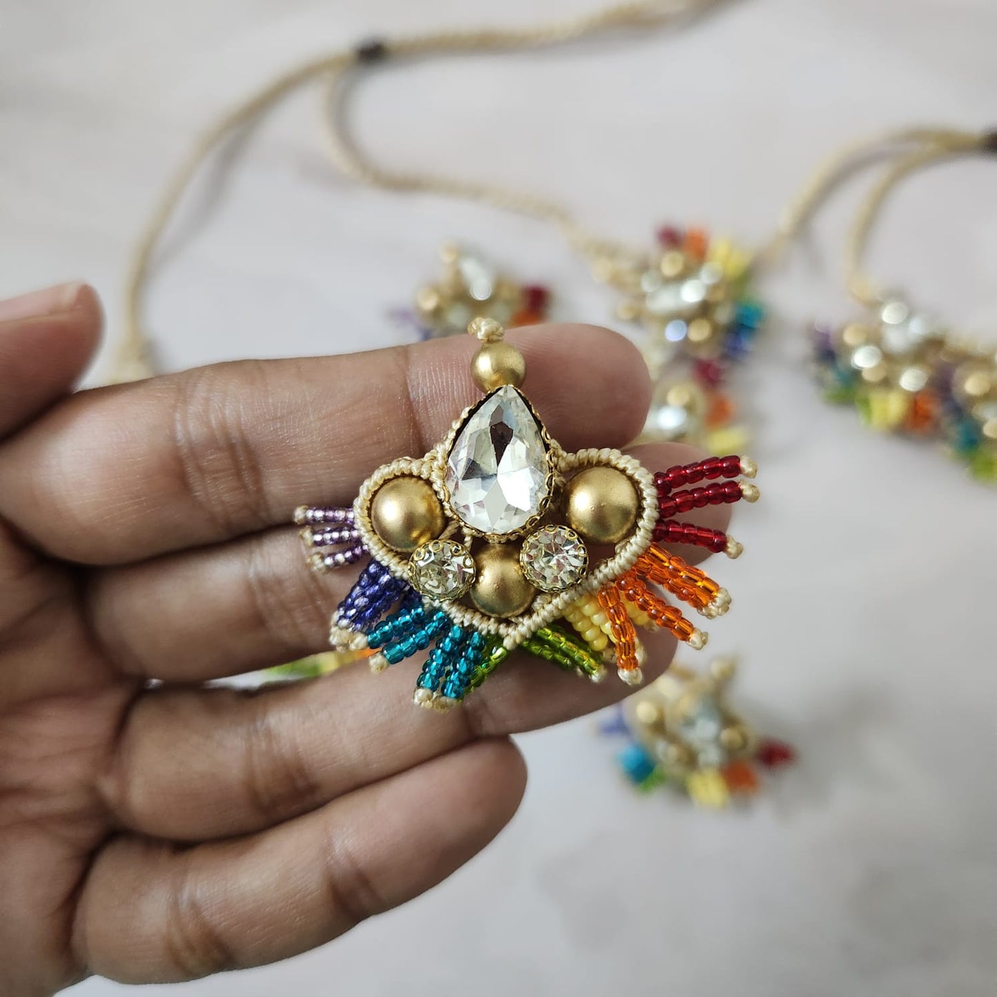 Champa rainbow white stone macrame necklace set