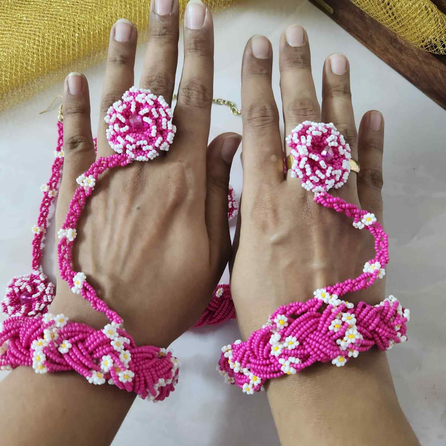 bridal jewellery floral necklace stud earrings haathphool maang tikka haldi necklace set wedding jewellery pink jewellery for haldi mehendi sangeet shaadi 