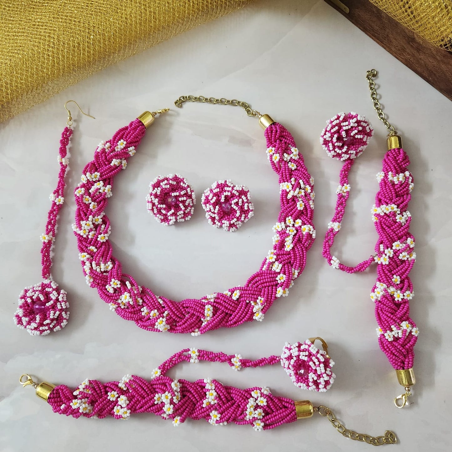bridal jewellery floral necklace stud earrings haathphool maang tikka haldi necklace set wedding jewellery pink jewellery for haldi mehendi sangeet shaadi 