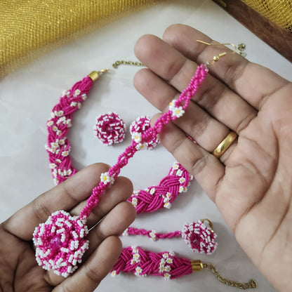 bridal jewellery floral necklace stud earrings haathphool maang tikka haldi necklace set wedding jewellery pink jewellery for haldi mehendi sangeet shaadi 
