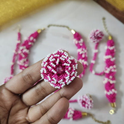 bridal jewellery floral necklace stud earrings haathphool maang tikka haldi necklace set wedding jewellery pink jewellery for haldi mehendi sangeet shaadi 
