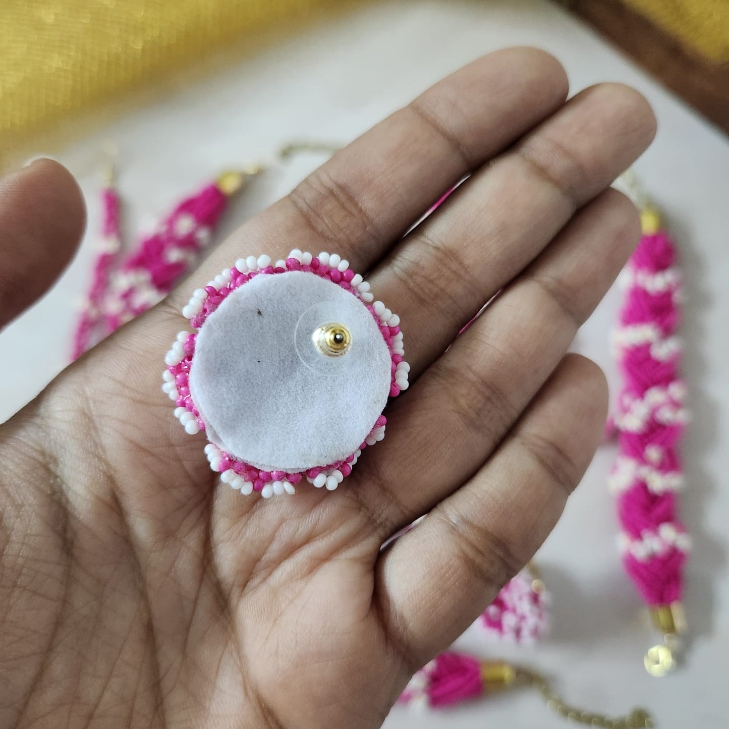 bridal jewellery floral necklace stud earrings haathphool maang tikka haldi necklace set wedding jewellery pink jewellery for haldi mehendi sangeet shaadi 