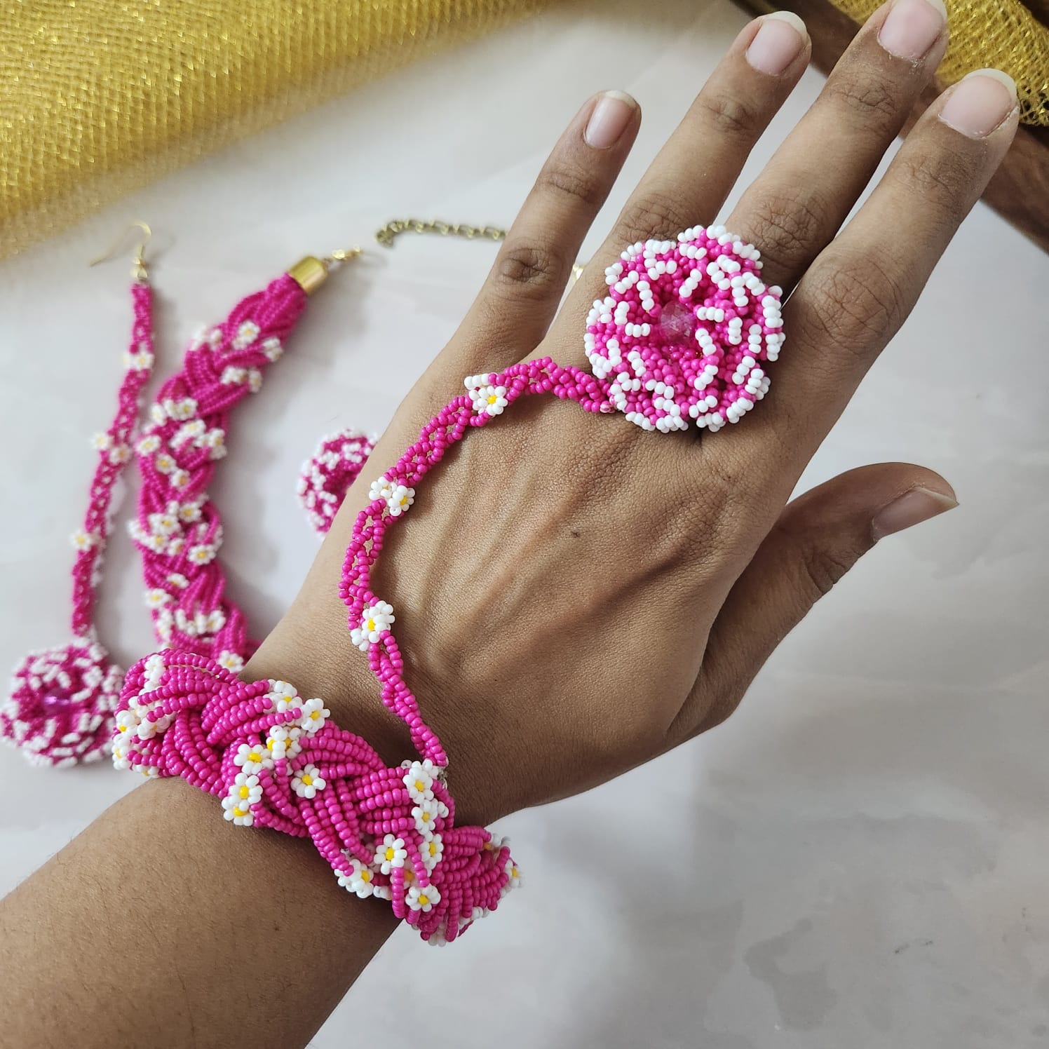 bridal jewellery floral necklace stud earrings haathphool maang tikka haldi necklace set wedding jewellery pink jewellery for haldi mehendi sangeet shaadi 