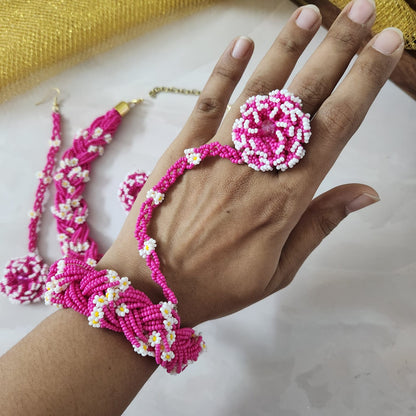 bridal jewellery floral necklace stud earrings haathphool maang tikka haldi necklace set wedding jewellery pink jewellery for haldi mehendi sangeet shaadi 