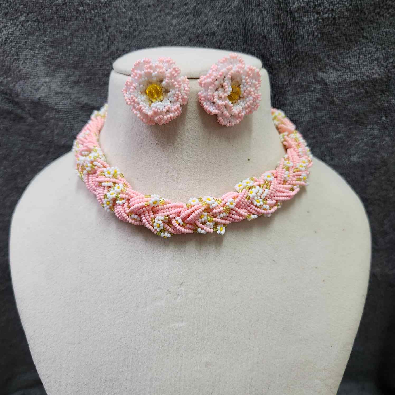 bridal jewellery floral necklace stud earrings haathphool maang tikka haldi necklace set wedding jewellery pink jewellery for haldi mehendi sangeet shaadi 