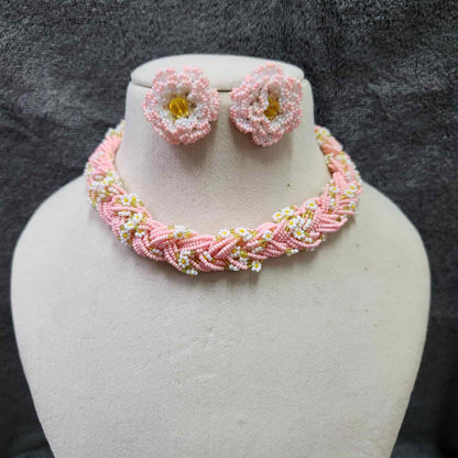 bridal jewellery floral necklace stud earrings haathphool maang tikka haldi necklace set wedding jewellery pink jewellery for haldi mehendi sangeet shaadi 