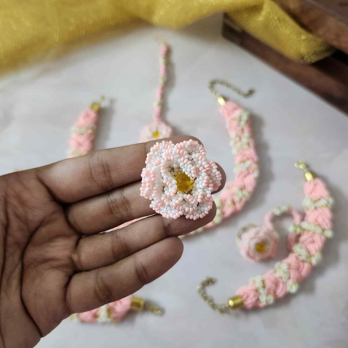 bridal jewellery floral necklace stud earrings haathphool maang tikka haldi necklace set wedding jewellery pink jewellery for haldi mehendi sangeet shaadi 