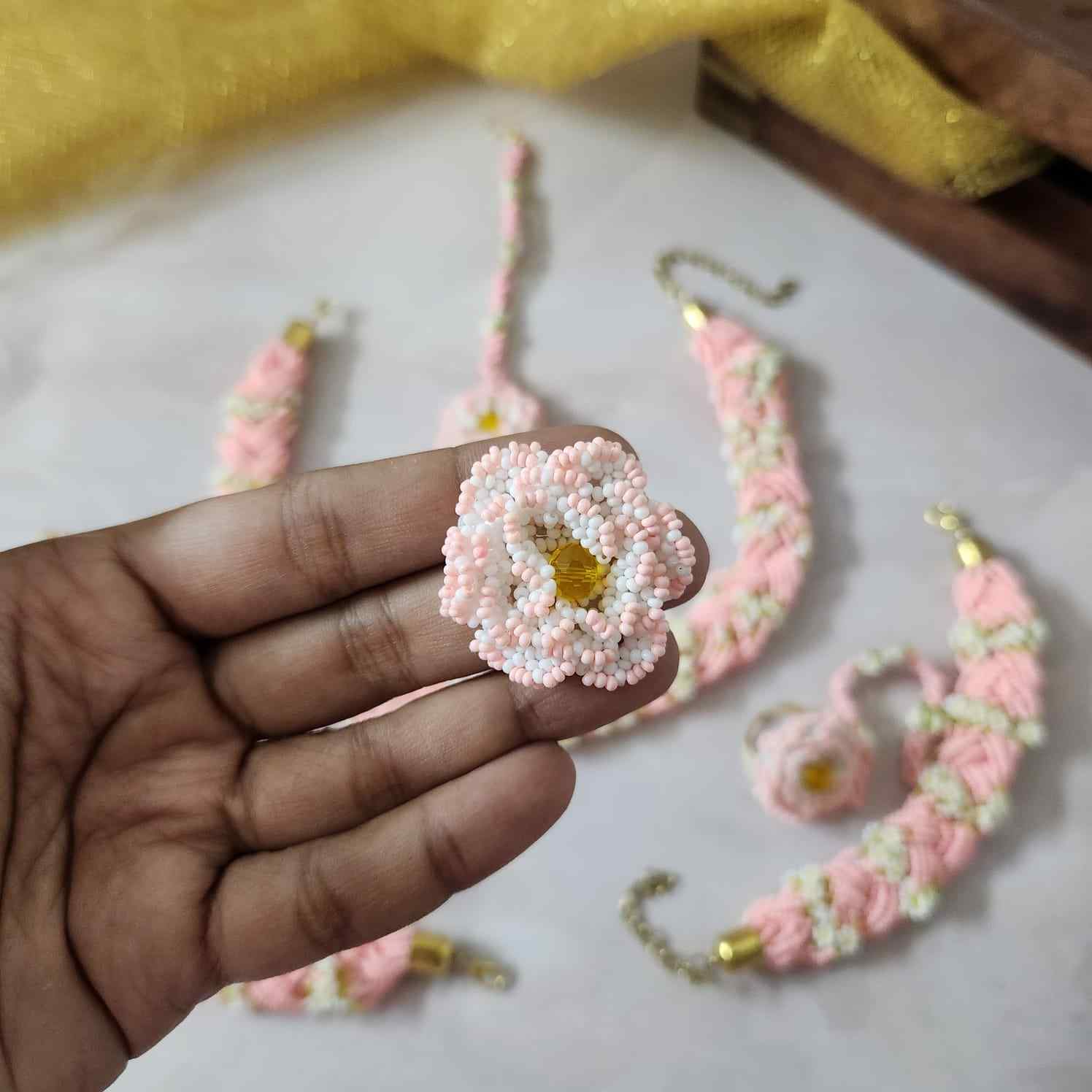 bridal jewellery floral necklace stud earrings haathphool maang tikka haldi necklace set wedding jewellery pink jewellery for haldi mehendi sangeet shaadi 